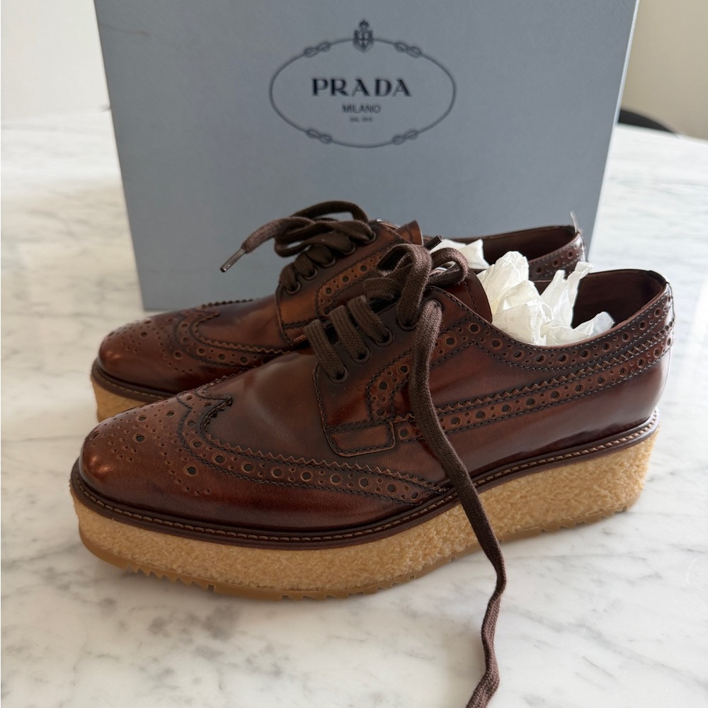 Prada unisex Brown Leather Wingtip Derbys with Crepe Platform Sole - Picture 4 of 5